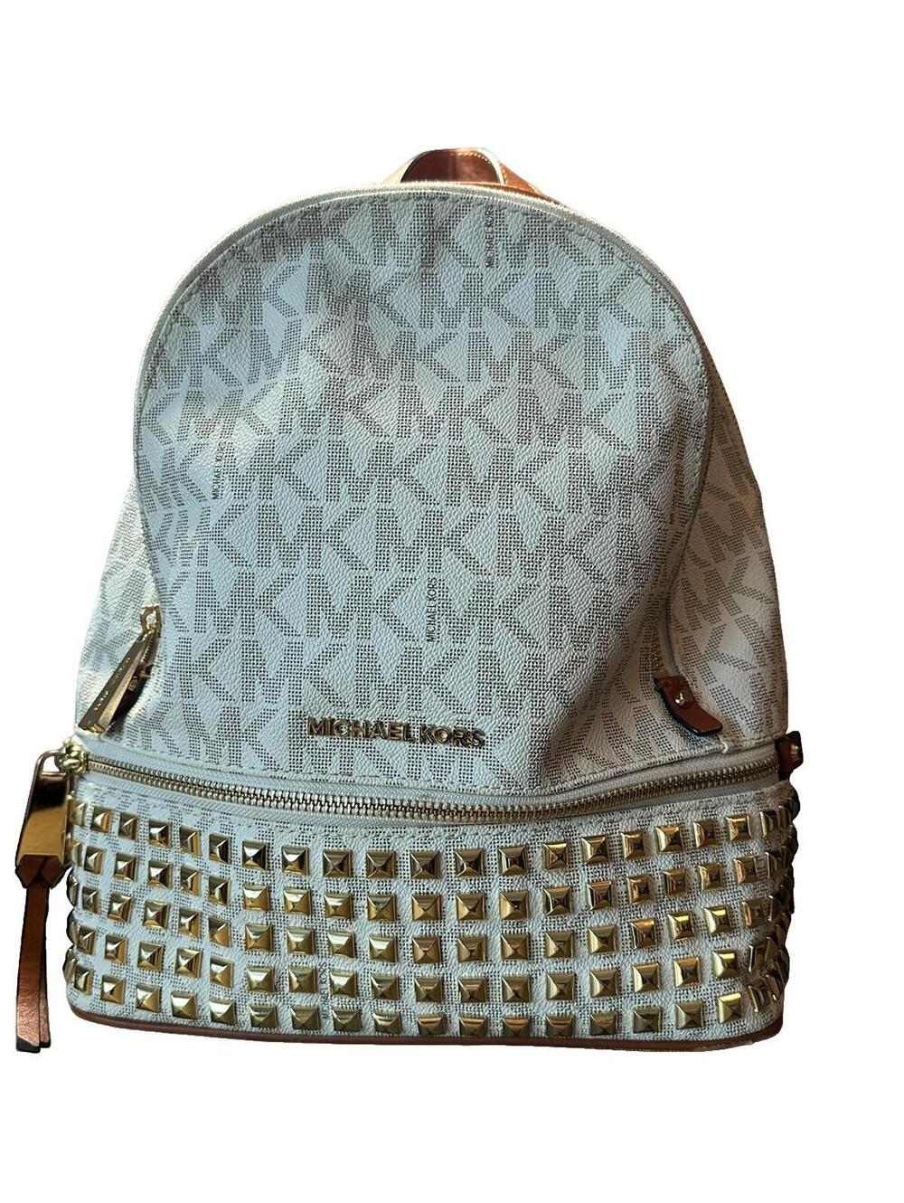 Michael Kors Studded Logo Backpack Cream Tan Leather Trim